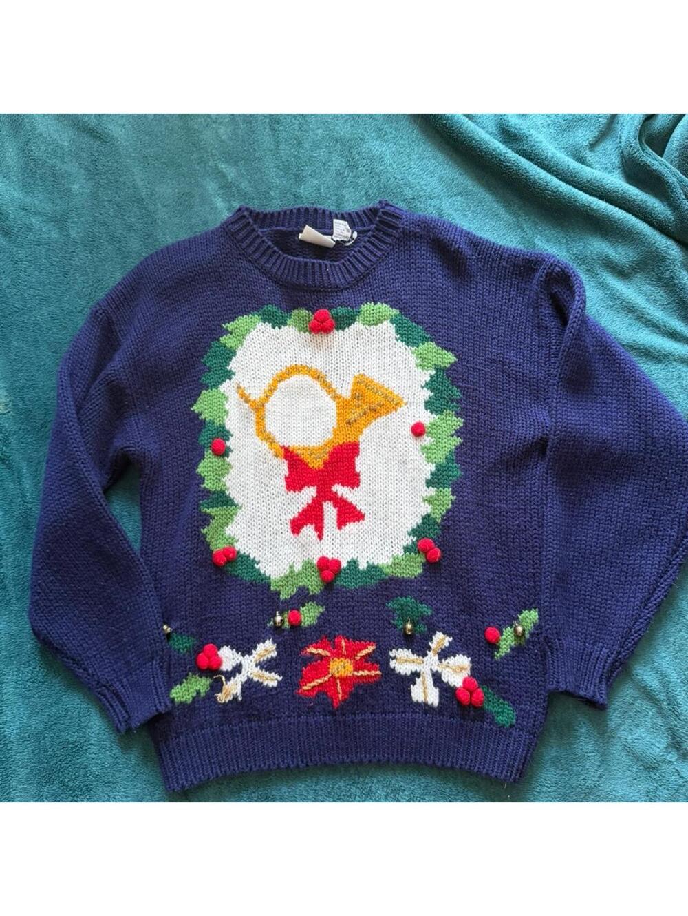 Vintage Hasting & Smith Navy Blue Acrylic Christmas Sweater with Festive Wreath